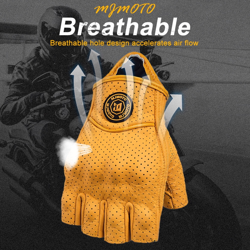 MJMOTO Vintage Leather Motorcycle Gloves Half Finger Touchscreen Off Road Riding Gloves with Hard Shell Protection Breathable Motorcyclist Gloves