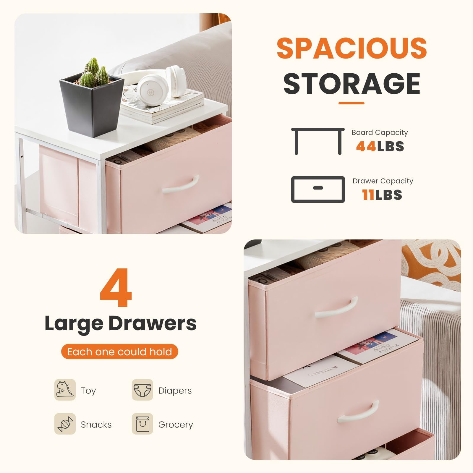 Telyra 4-Drawer Fabric Dresser 37.4" Tall Storage Tower with Wood Top and Steel Frame Narrow Organizer, Pink