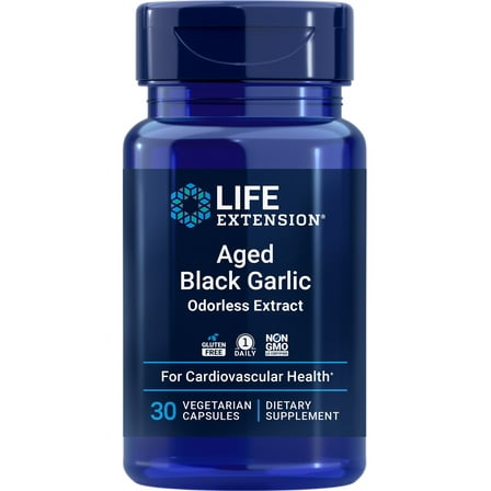 Life Extension Aged Black Garlic, heart health support supplement, blood pressure health support, cholesterol health support, once-daily, gluten free, vegetarian, non-GMO, 30 capsules