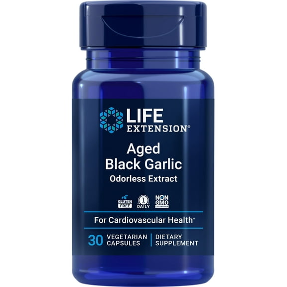 Life Extension Aged Black Garlic, heart health support supplement, blood pressure health support, cholesterol health support, once-daily, gluten free, vegetarian, non-GMO, 30 capsules