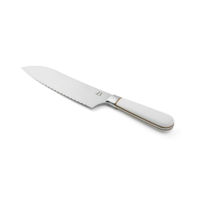 Beautiful by Drew Barrymore 7-Inch Forged Signature Serrated Santoku Knife in White with Gold Accents