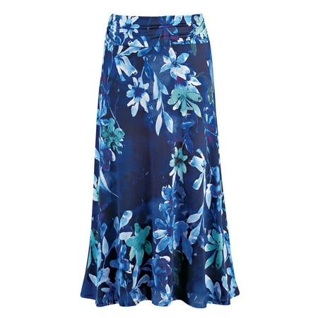 Women's Dressy/Casual Floral Print Maxi Skirt with Elastic Waist, X-Large, Blue
