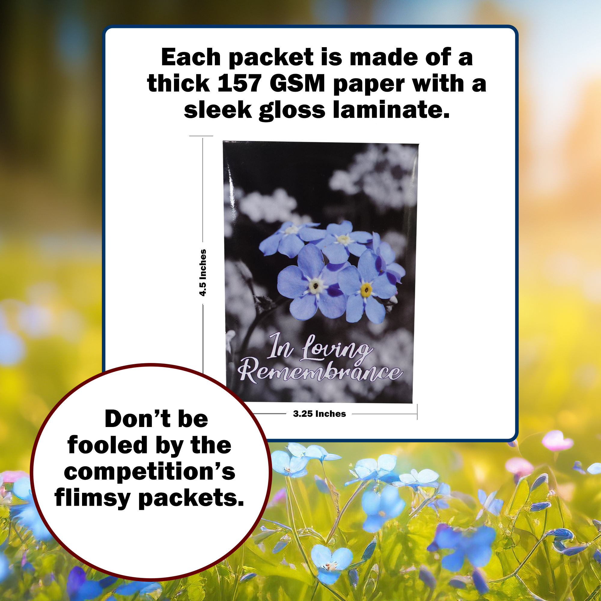 100pc Premium Pre-Filled Forget Me Not Seed Packets: Favors for Funerals, Memorial and Celebration of Life Decorations, Perfect Funeral & Celebration of Life ideas