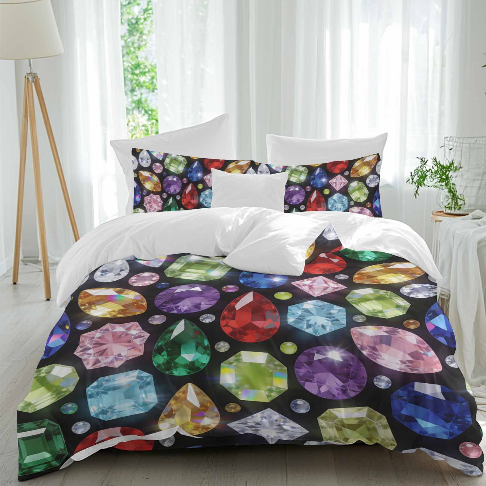 Colorful Diamonds Duvet Cover Set Cal King Size, Sparkling Colored Gemstone Red Blue Yellow Pink 4 Piece Soft Microfiber Bedding Set, 1 Comforter Cover, 1 Flat Sheet, 2 Pillowcases