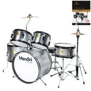 Mendini by Cecilio 16" 5-Piece Complete Kids / Junior Drum Set with Adjustable Throne, Cymbal, Pedal, Drumsticks & Lesson Book, Metallic Silver, MJDS-5-SR