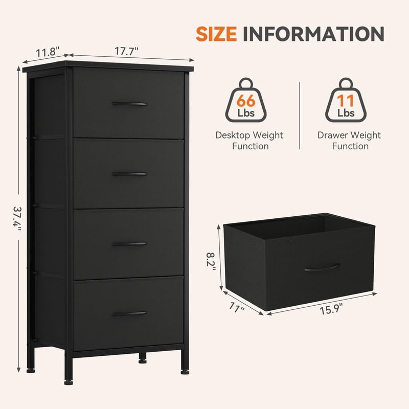 Kelno 4 Drawer Fabric Dresser Steel Frame Storage Chest Organizer with Wood Top, Black