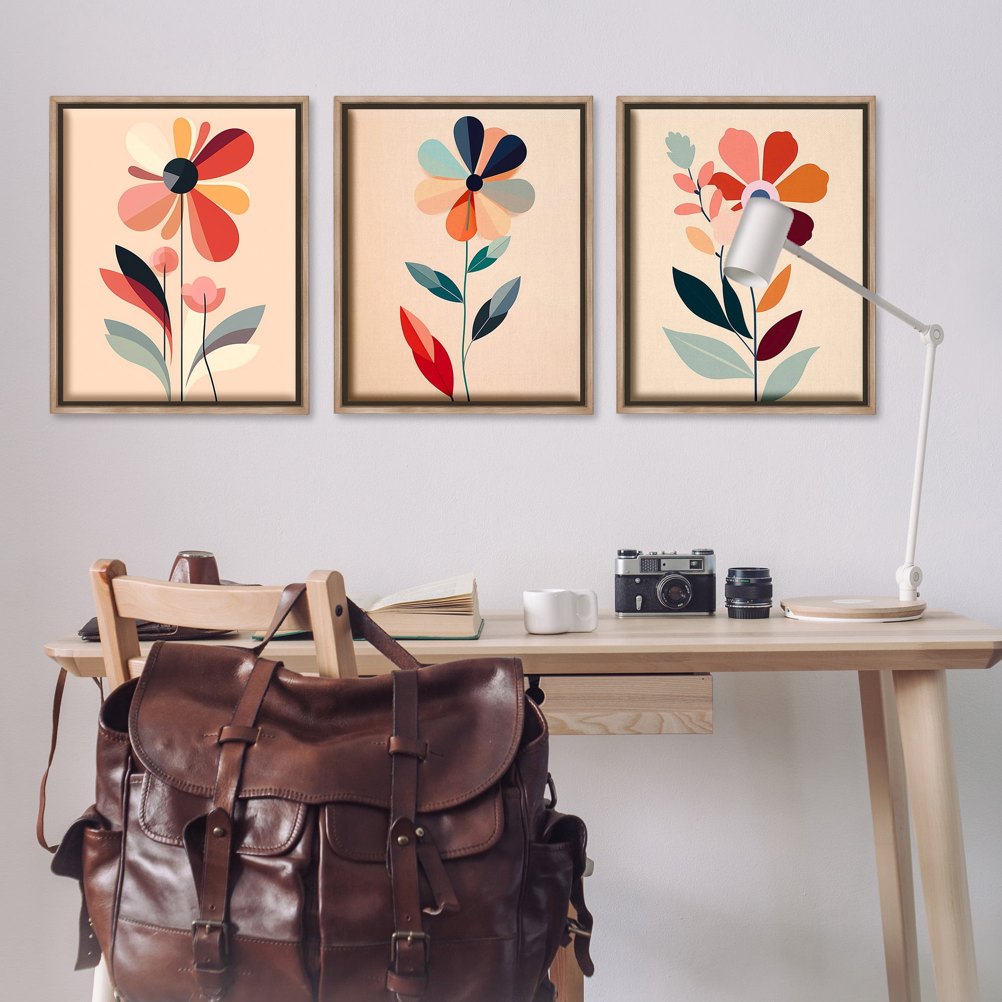 Stupell Industries Funky Modern Flowers Botanical & Floral Painting Brown Floater Framed Canvas Art Print Wall Art, 25 x 31, Set of 3