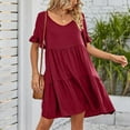thumbnail image 6 of Bmisegm Ladies Summer Casual V Neck Layered Ruffle Hem Pocket A Line Mini Swing Beach Short Sleeve Dress Red S, 6 of 6