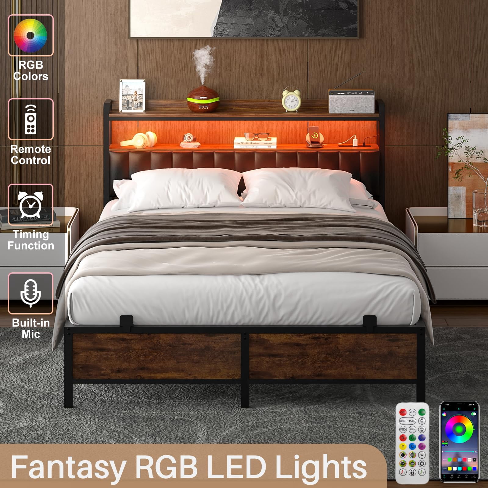Homieasy Queen Size Bed Frame with Charging Station and LED Lights, Adjustable Upholstered Faux Leather Headboard, Industrial Platform Bed, Steel Slat Support, No Box Spring Needed, Rustic Brown