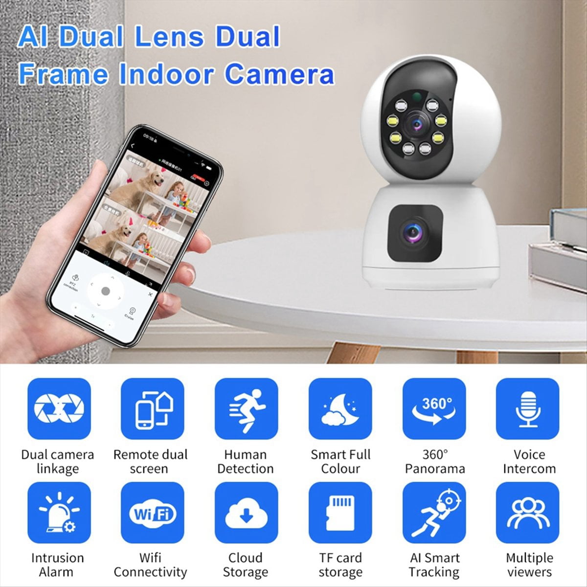 1080P HD WiFi IP Camera Dual Lens Dual Screen Baby Monitor Home Security Camera PTZ Auto Tracking CCTV