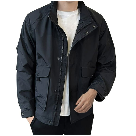 KeShDi Sport Coats for Mens Winter Coat Men Workwear Fall Casual Loose Windproof Zipper Pocket Buckle Long Sleeved Hooded Casual Jacket Black S