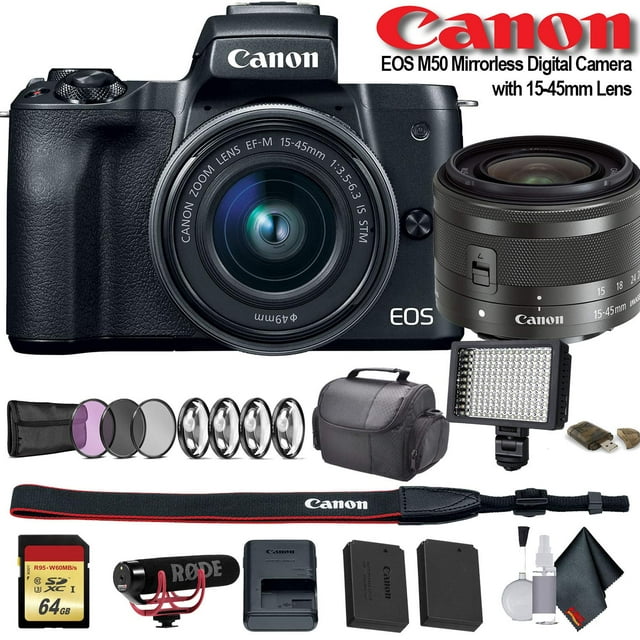 Canon EOS M50 Mirrorless Digital Camera with 15-45mm Lens (Intl Model) W/ Bag, Extra Battery, LED Light, Mic, Filters and More - Advanced Bundle