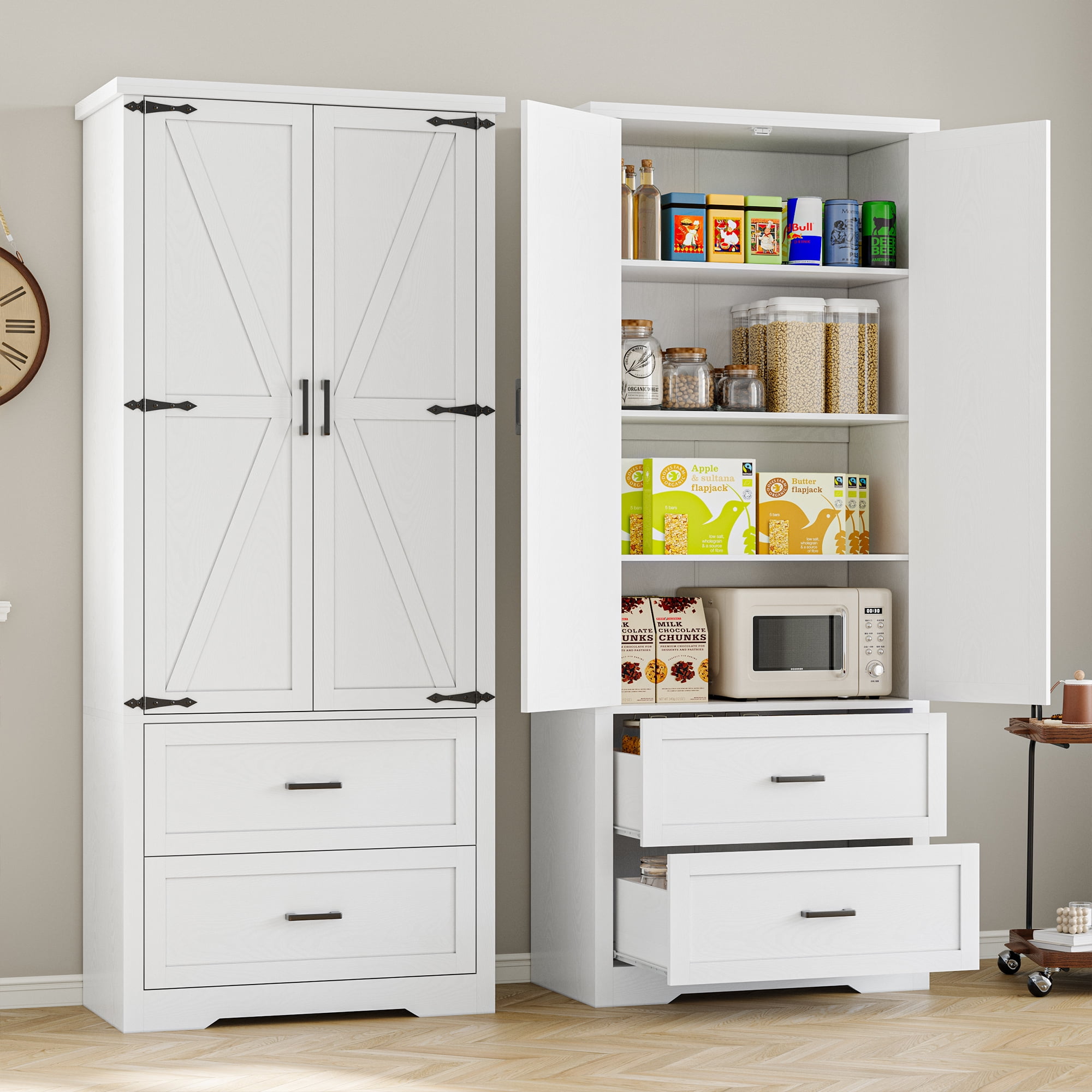 Pantry Organizers and Storage Cabinet, 71'' Barn Door Kitchen Cabinet with Drawers and Adjustable Shelf, Tall Pantry for Kitchen, Dining Room, Living Room. Bathroom and Office