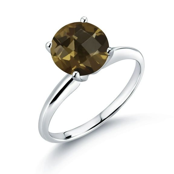 Gem Stone King 14K White Gold 1.80 Ct Round Checkerboard Brown Smoky Quartz Women Solitaire Engagement Ring (Size 5)