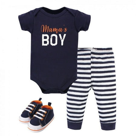 UPC: 0660168702958 | Little Treasure Baby Boy Cotton Bodysuit  Pant and Shoe 3pc Set  Mamas Boy  12-18 Months