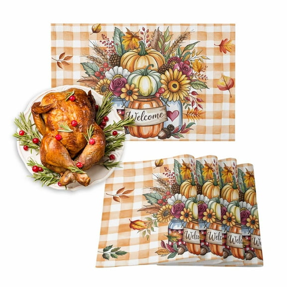 Fall Placemats Set of 6 Sunflower Vase Place Mats Thanksgiving Placemat Pumpkin Maple Leaves Orange Plaid Table Mats for Dining Kitchen Table Holiday Dinner Party Home Fall Decorations 13x19 Inch