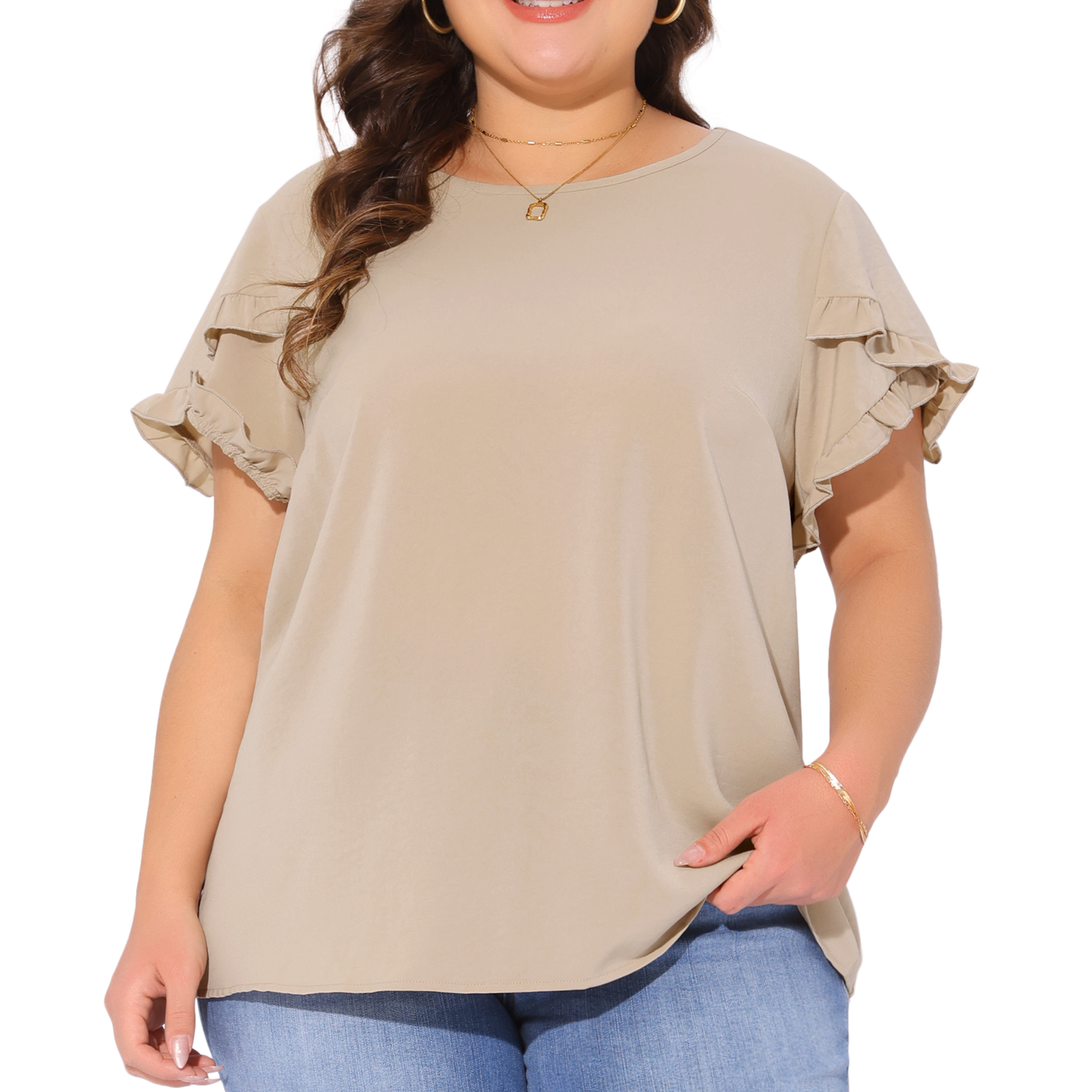 DARING DIVA Women's Plus Crew Neck Ruffle Blouse 3X Deep Apricot