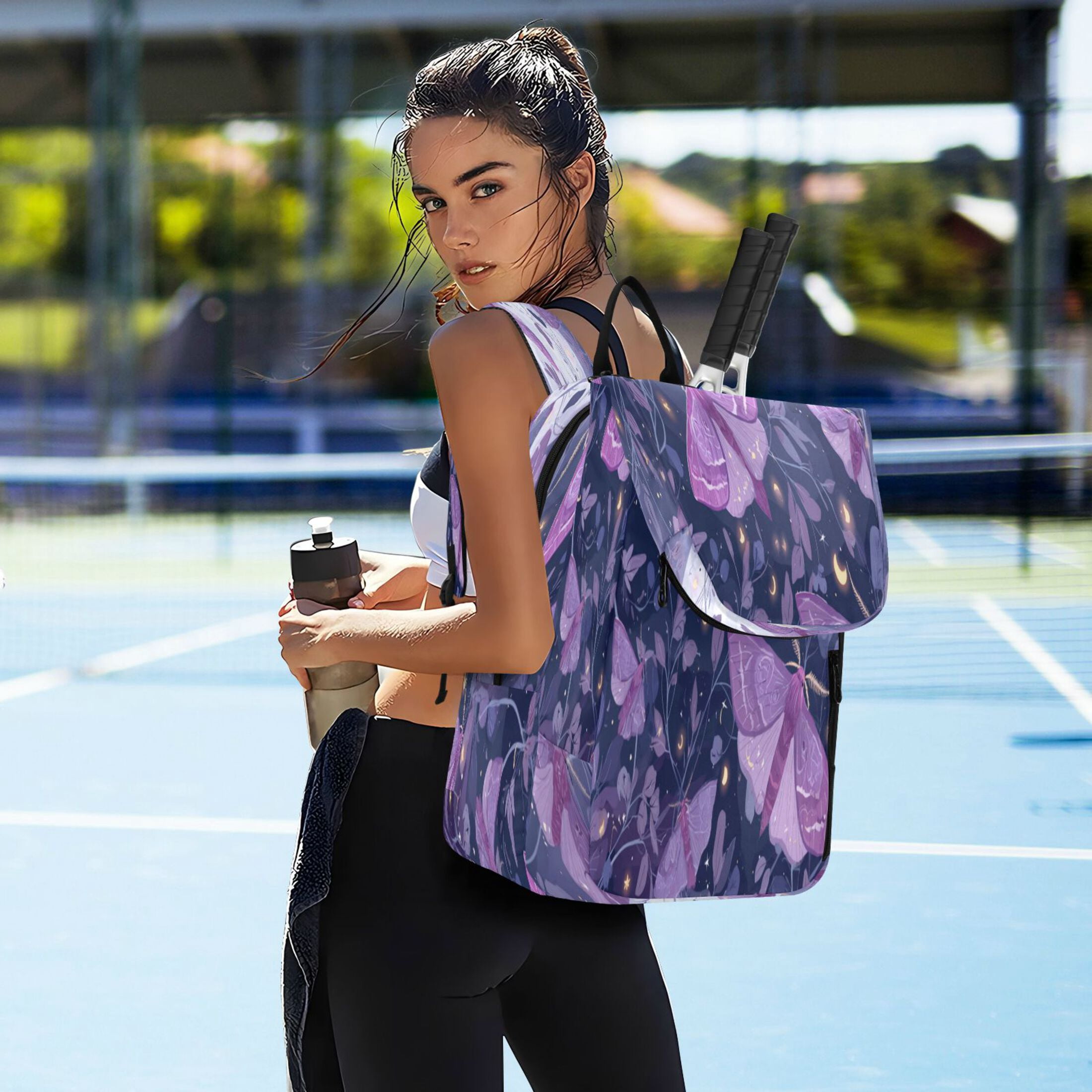 2 Racquet Holder Tennis Backpack Tennis Racket Covers Gym Bags Purple Lilac Moths