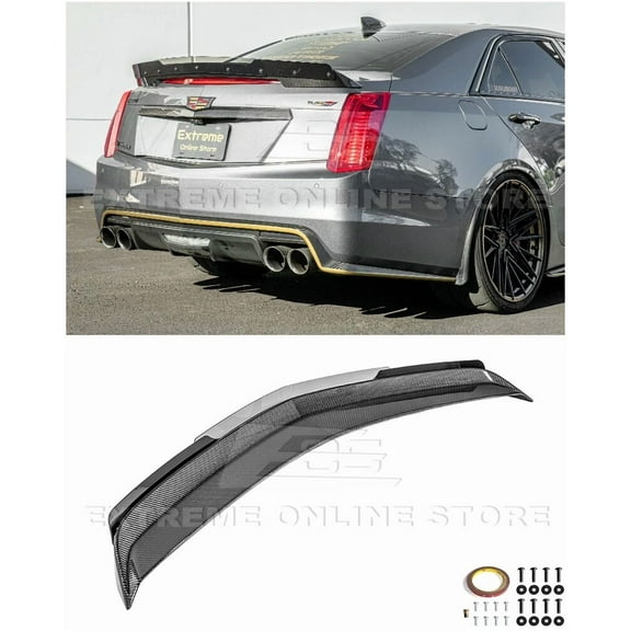 Replacement For 2016-2019 Cadillac CTS-V Models | Carbon Package Style Carbon Fiber Rear Bumper Trunk Lid Wing With Acrylic Plastic - Smoke Tinted Rear Gurney Flap Wickerbill Spoiler