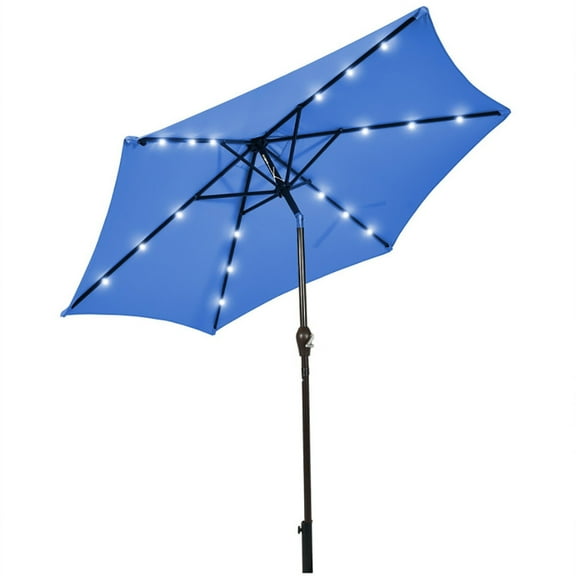 Barara King Outdoor Waterproof Table Umbrella, UV Protection Pool Umbrella, 9 Feet Solar LED Lighted Patio Market Umbrella Tilt Adjustment Crank Lift-Blue