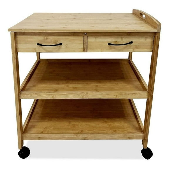 Walter Kitchen Bar Cart- 2 Drawers- 2 Shelves- Brown Bamboo- Rolling Wheels