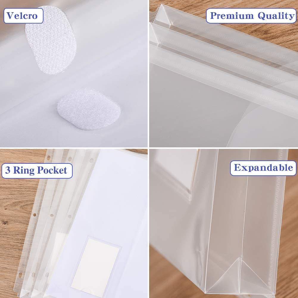 10 Pack Clear Poly Binder Pocket with 1-Inch Gusset Pocket Folders Poly Envelopes Clear Document Folders for 3 Ring Binder with Label Pocket & Velcro for School Home Office Side Loading,Letter Size 