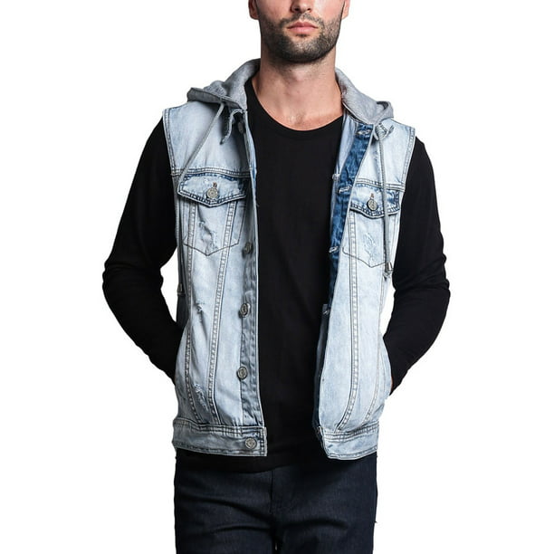 G-Style USA Men's Detachable Hood Denim Jean Vest DK108 - ICE - 5X ...