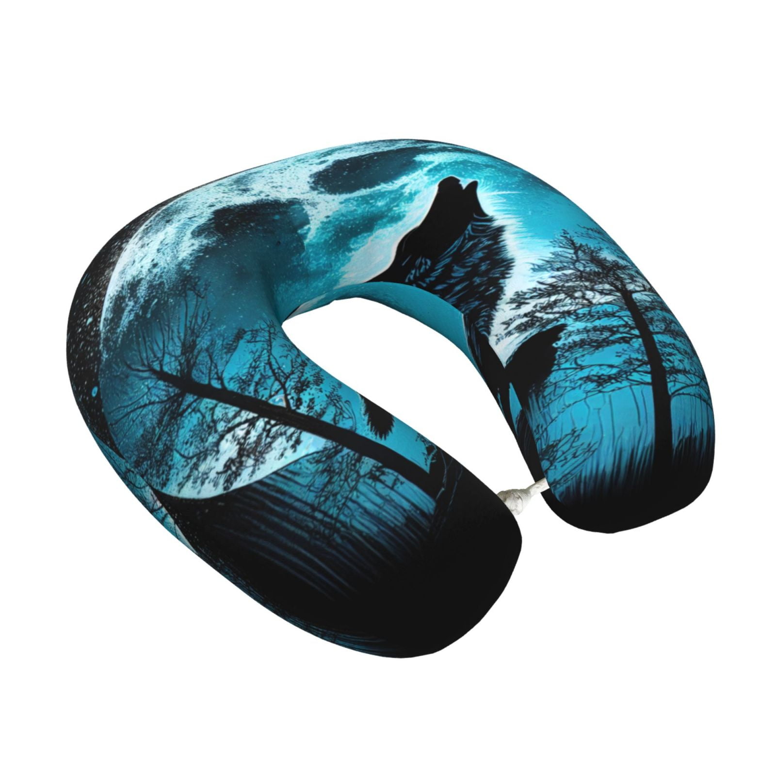 Xecao Blue Full Moon Wolf Print Memory Foam Cervical Neck Pillow Versatile U-Shaped Pillows for Home,Office,Camping,Travelling,Soft Washable Cover