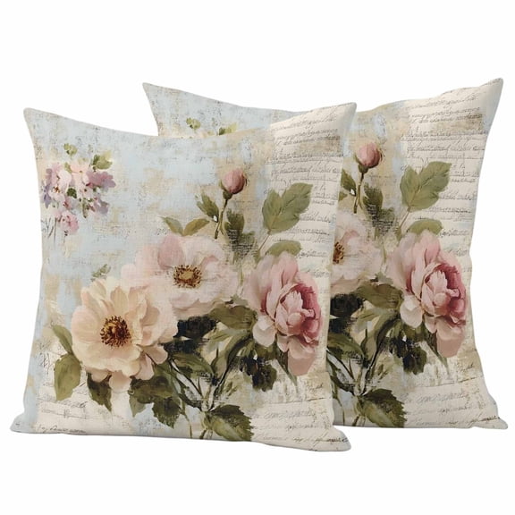 Vintage Pink Floral Outdoor Waterproof Pillow Covers, Spring Botanical Oil Painting Decorative Square Throw Pillowcase Sofa Cushion Sham for Patio/Couch/Chair, 16"x16" 2 Pack