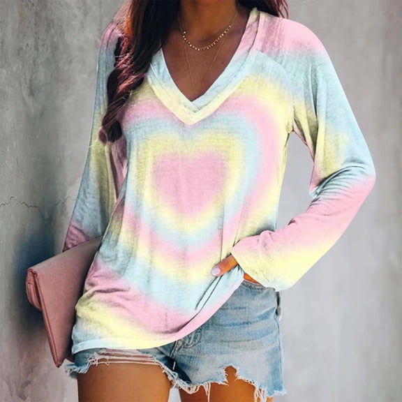 Craaazy Love Hearts Print Shirt for Women Cute Valentines Day Casual V Neck Long Sleeve Tshirts Gifts