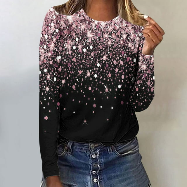 Jsaierl Hauts à Manches Longues pour Femmes Automne Col Rond T-Shirts Mode Paillettes Graphique Chandail Ample Décontracté Sortie Blouses 2024 Hauts de Fête Brillants