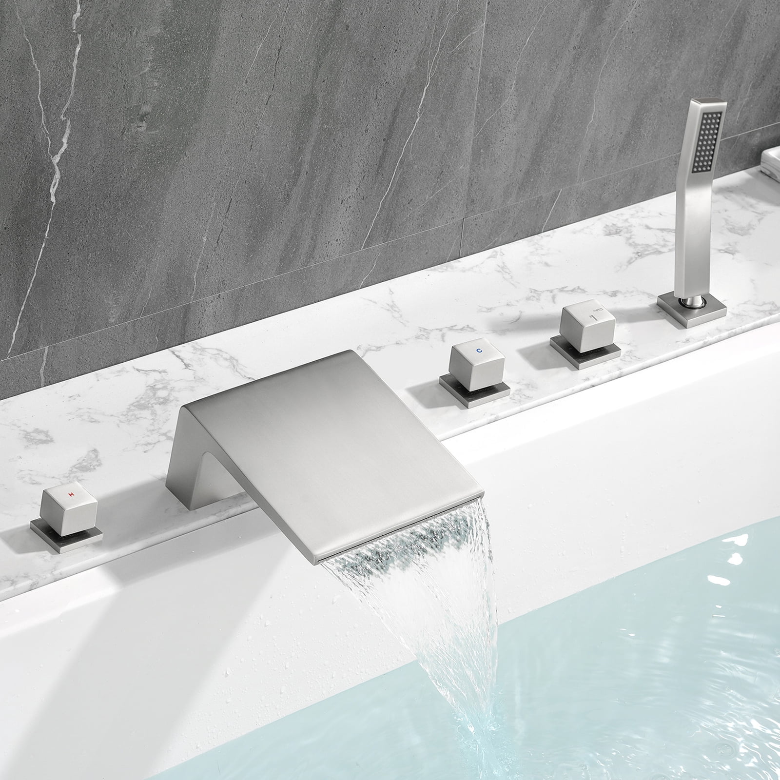 Cobbe 5-Hole Mount Bathroom Bathtub Fauce with 2 Switches, 1 Diverter Knob, 7.09-Inch Wide Tub Spout and Hand Shower Brushed Nickel