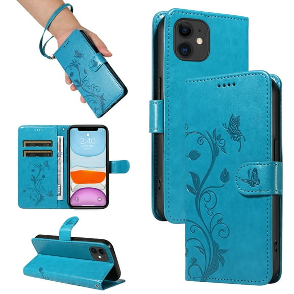 Nalacover Case Wallet for iPhone 11 with Card Slots, Embossed Pattern PU Leather Phone Case for iPhone 11 Kickstand Flip Cover Detachable Wrist Strap Magnetic Closure Folio Case, Blue