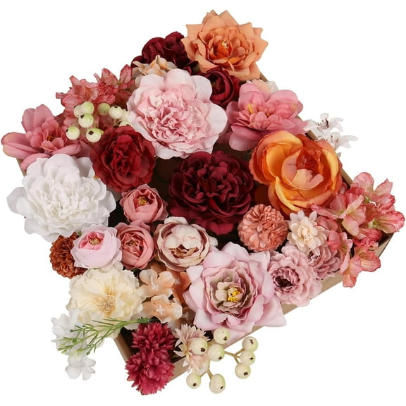 Artificial Fall Flowers Burnt Orange Combo Box Set Rose Silk Mix Peony Fake Flowers with Stems for DIY Bridal Wedding Bouquets Centerpieces Baby Shower Party Home Decorations A