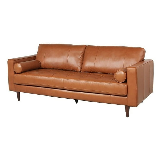 Maklaine 19.5" MidCentury Leather Fitted Back Sofa in Brown