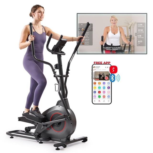 Sunny Health & Fitness Ultra Silent Smart Elliptical Exerciser, 300LB Load & 16” Long Stride Training Machine for Seniors Home Workout, Easy-Assembly Cardio Equipment, Free SunnyFit App Bluetooth Link