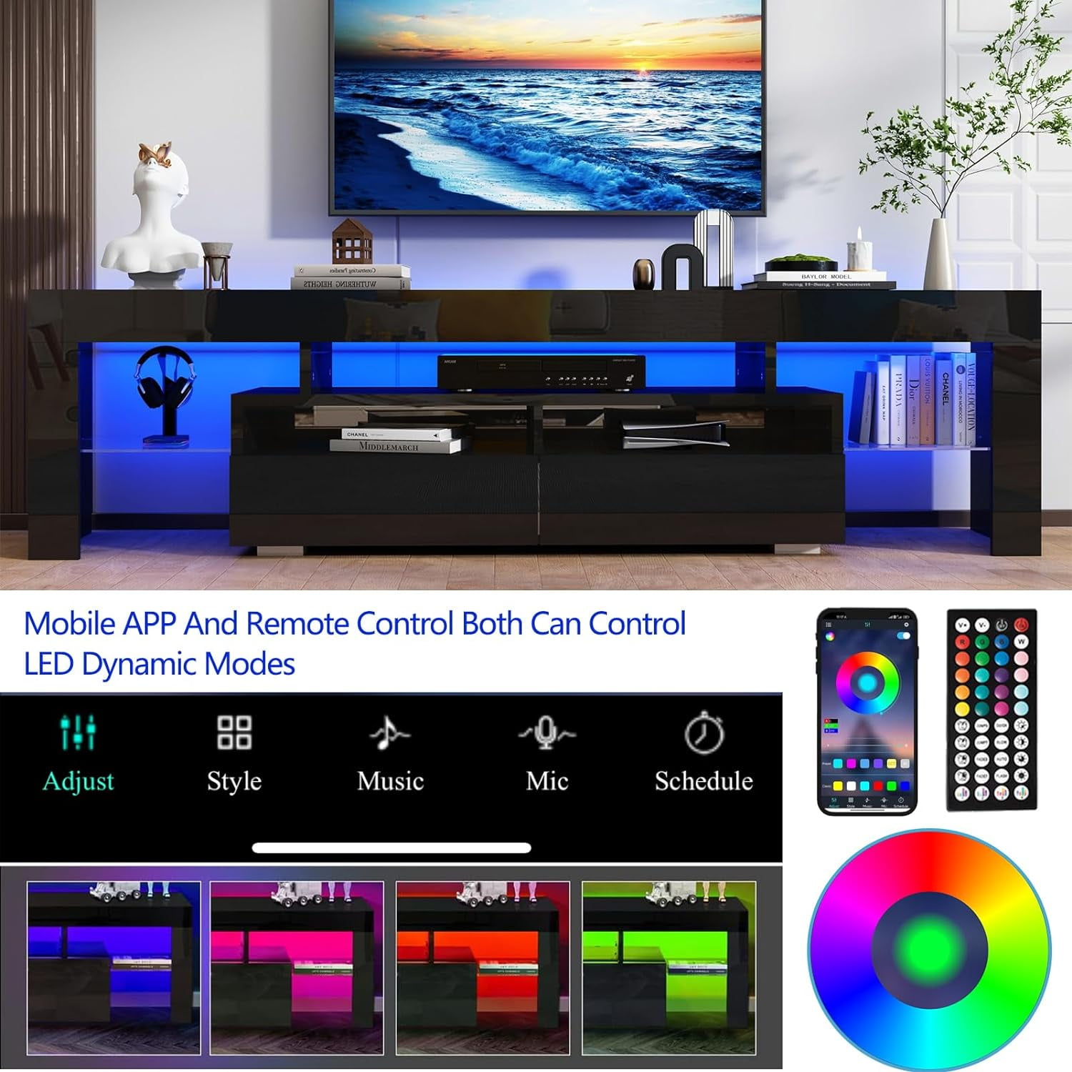 ChVans LED TV Stand for 65/75/85 inch TV, High Glossy Modern Entertainment Center with Drawer and LED Lights(Black)