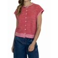 thumbnail image 3 of Women's Light-Weight Cap Sleeve Cardigan Summer Casual Striped Knit Open Front Button Down Sweater Red S, 3 of 8