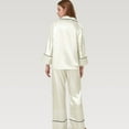 thumbnail image 4 of Women's Satin Pajama Set with Button-Up Long Sleeve Top and Wide Leg Pants with Contrast Trim - Medium, White, 4 of 7