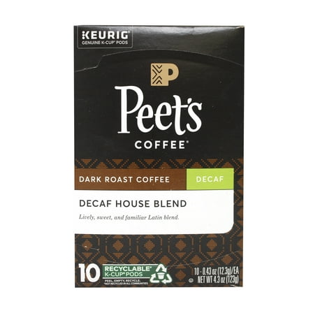Peet's Coffee Decaf House Blend K Cup Coffee Pods for Keurig Brewers, Dark Roast, 10 Pods, 3.1 Lb