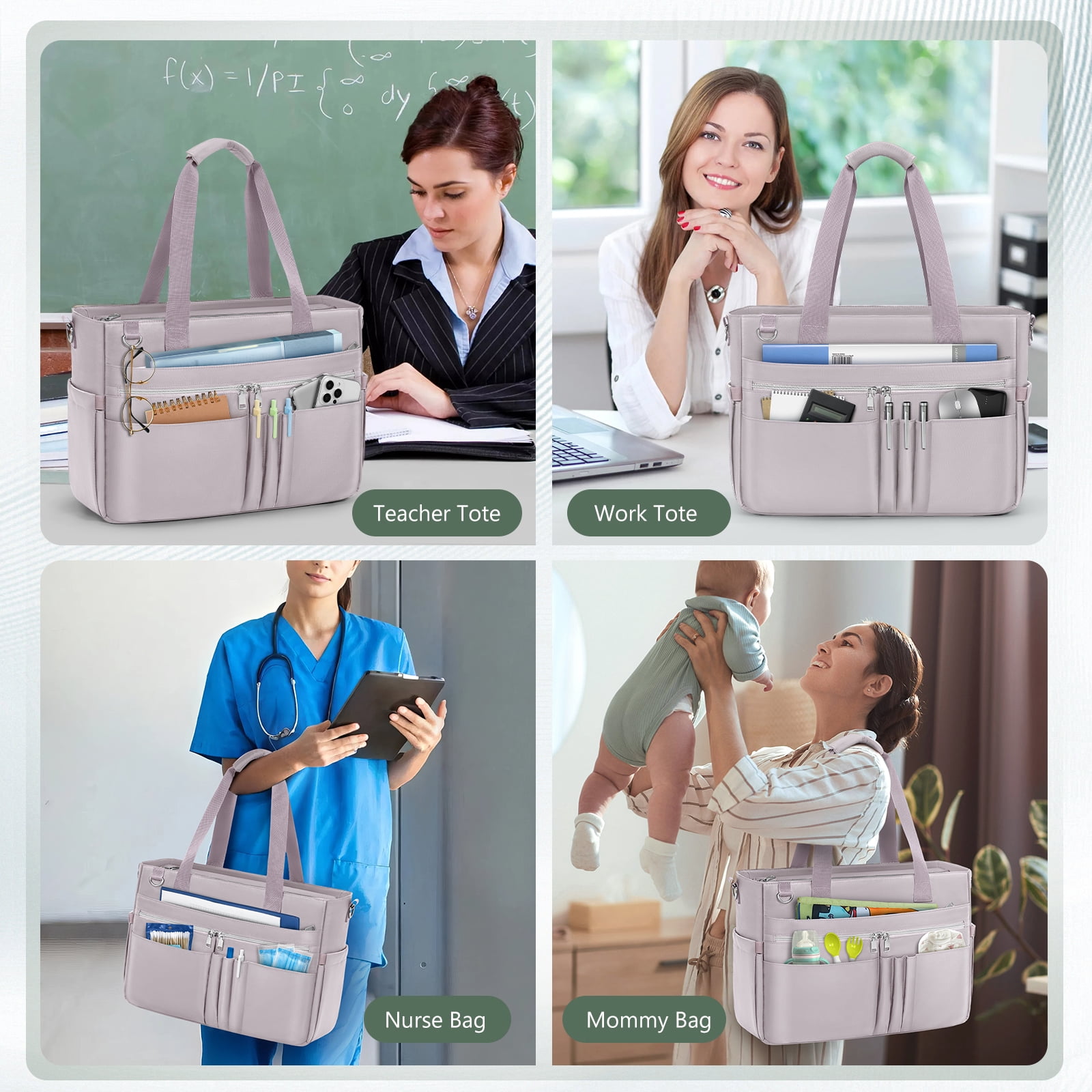 RAINSMORE Teacher Tote Bag for Women 15.6 Inch Laptop Briefcase with Clutch Bag, Nurse Bags Professional Work Handbag for Office College Nursing, Large Utility Tote Messenger Shoulder Bag,Grey Pink
