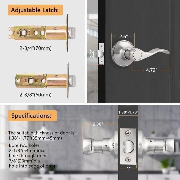 2-Pack Passage Door Levers – Satin Nickel, Keyless, Straight Handle, Adjustable Backset, For Interior Closet/Hall Doors