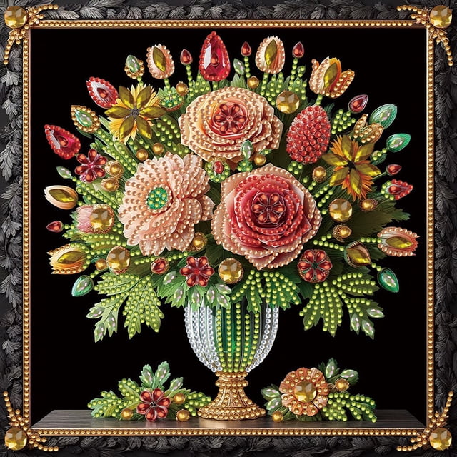 (LY386) Florero Color Oscuro Con Diamante Parcial Serie Flores Y Plantas Pintura Resina Con Forma Especial Diamante 30x30CM