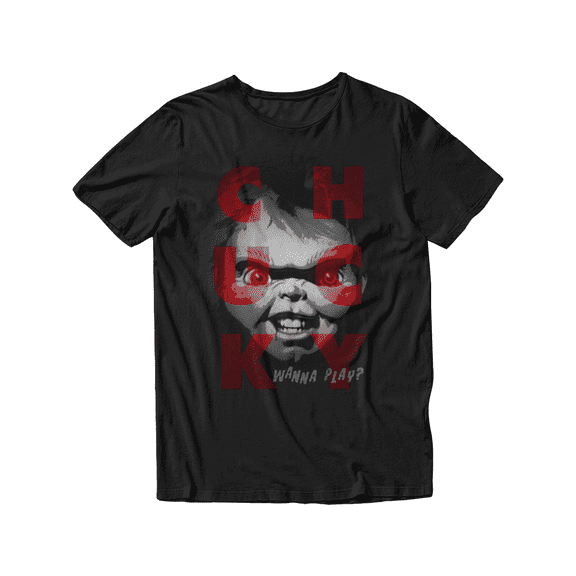 Chucky Wanna Play Red Letters Horror Unisex Adult Short Sleeve T-Shirt (Black, S-2XL)