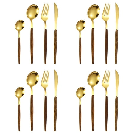 Set 16 Pieces, Wood Surface Handle And Matte Gold Head Flatware Set, Stainless Steel Cutlery Set, Utensil Sets, Service Set for 4