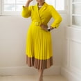thumbnail image 2 of AURA Womens Pleated A Line Midi Dress Suit Collar Puff Nine Point Sleeves High Waist Sizes S 5XL, 2 of 7