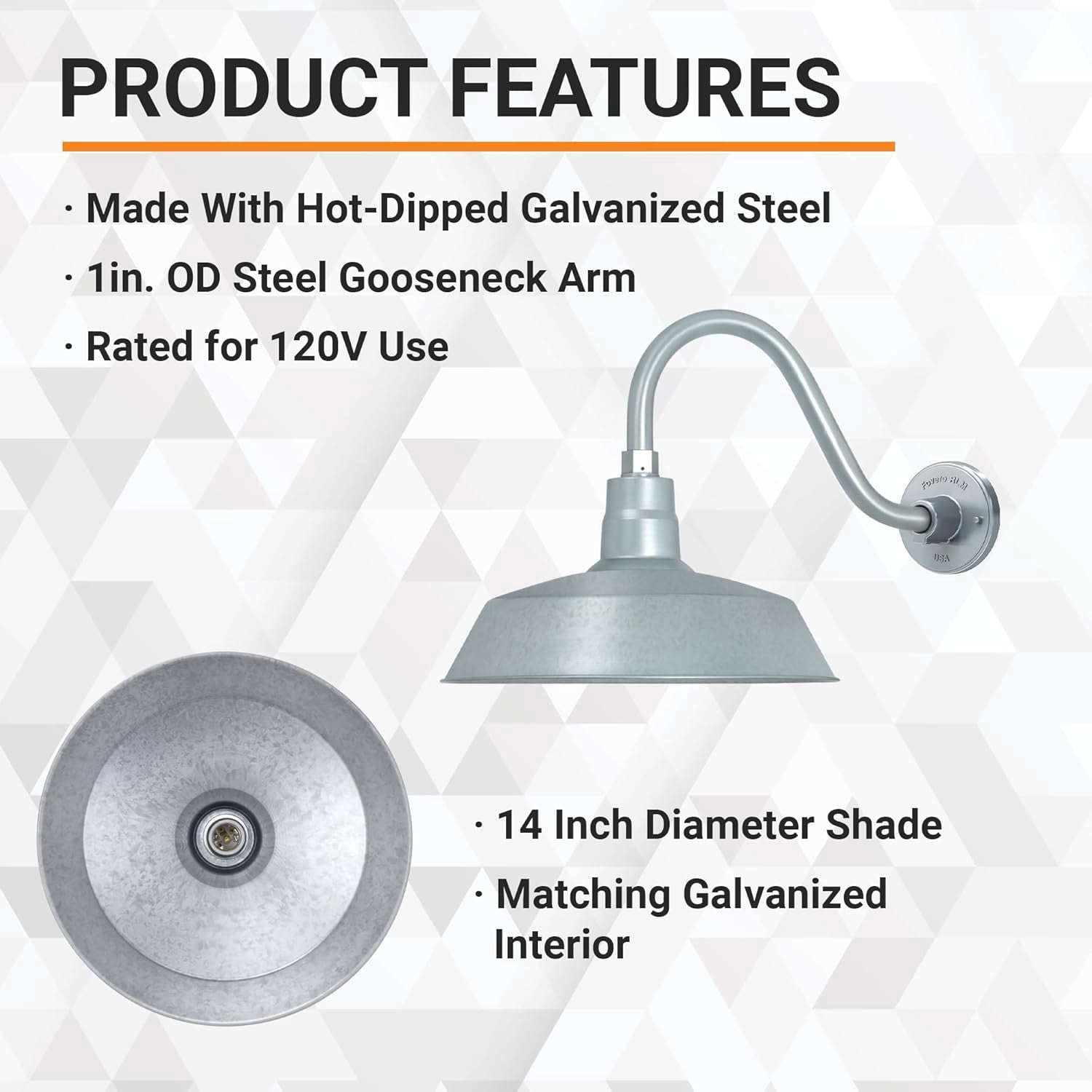 14in. Galvanized Finish Outdoor Gooseneck Barn Light Fixture With 14.5 in. Long Extension Arm - Wall Sconce Farmhouse, Vintage, Antique Style - UL Listed - 9W 900lm A19 LED Bulb (5000K Cool