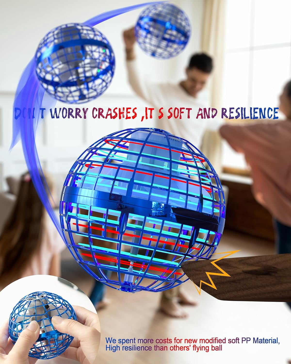 Flying Orb Ball (2Pcs, 2024 Upgraded) with Dazzling Lights, Hover Orb Spinner Toy, Hand Drone Orbit, Cool Toys Gifts for Boys Girls Teens, Floating Drone Cosmic Globe, Indoor Outdoor Toys(Blue)