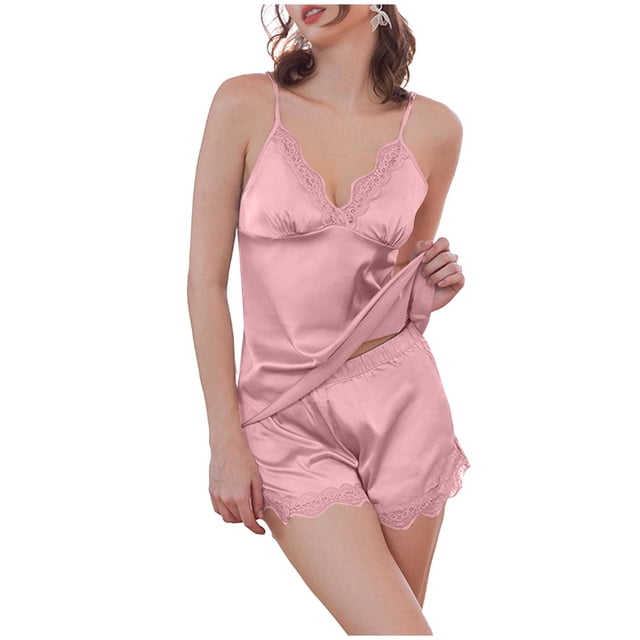 Mujeres Seda Pijamas Conjunto de Pantalones Cortos Cuello en V Encaje Recorte Superior con Pantalones Cortos Elásticos Ropa de Dormir, Pijama Suave Conjunto para las Mujeres