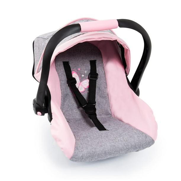 Bayer Design 67933AA Juguete, Silla de Coche Easy Go para Cochecito Neo Vario con Funda, Accesorios para muñecas, Rosa, Gris con Mariposa, Gris/Rosa, para muñecas de hasta 18"